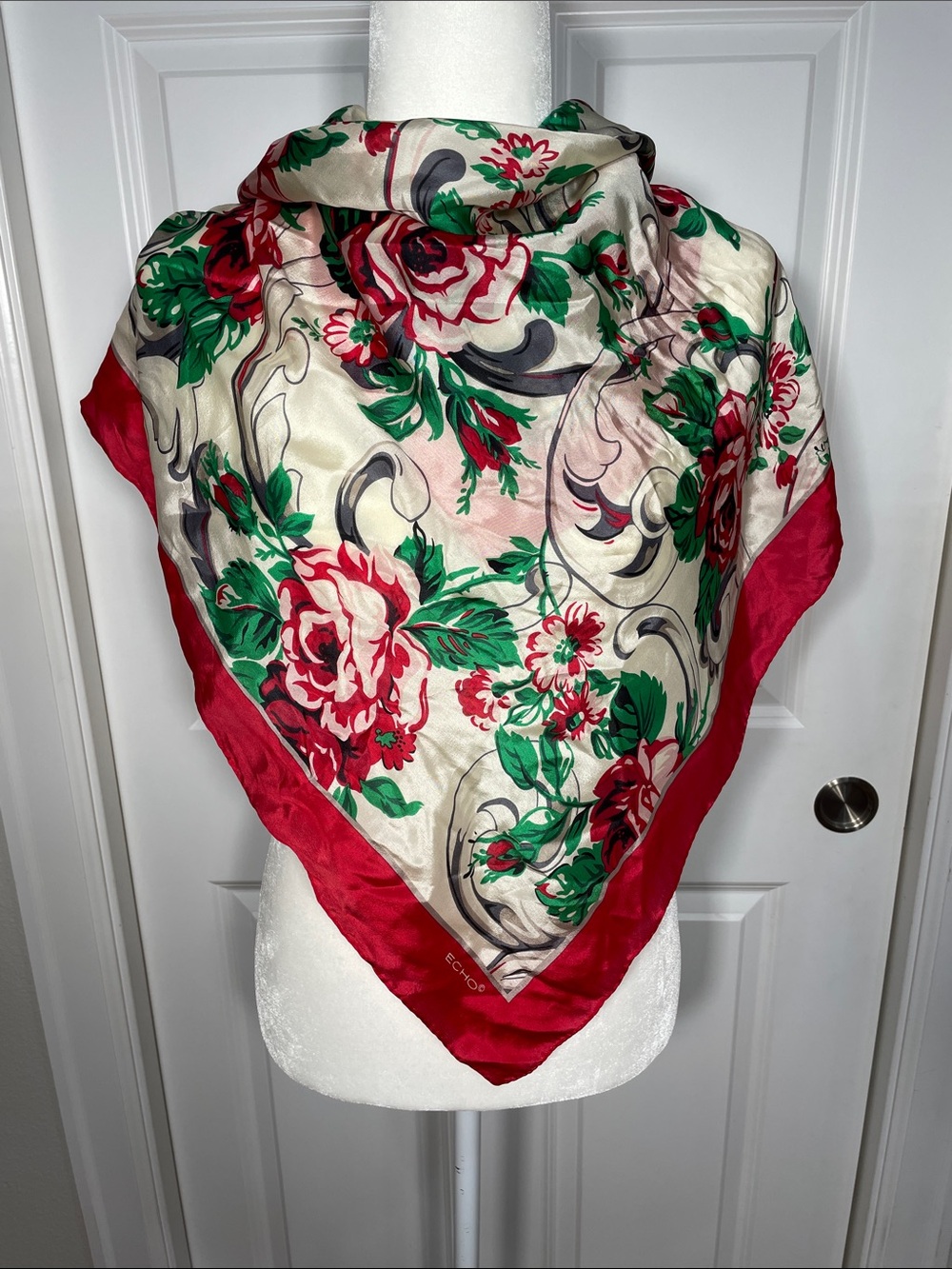 Echo Square Silk Scarf 30” x 30” Floral Red Border Red Roses